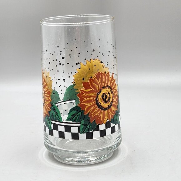 VTG Crisa Glassware Clear Drinking Glasses Set of 4 Sunflowers Checkerboard 12oz - Picture 3 of 6